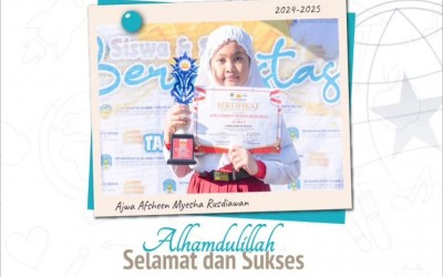 Kak Ajwa Afsheen Myesha Rusdiawan , Kelas 5 ICP, Juara 2 Lomba Sains kelas 5, pada Festival Gebyar Kemerdekaan 79, CV. Anies Production, Tingkat Kabupaten