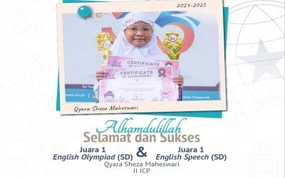 Kak Qyara Sheza Maheswari 2 ICP, Juara 1 English Olympiad SD dan English Speech SD pada Gebyar Prestasi Gresik 2024 Gresik English Center Tingkat Kabupaten