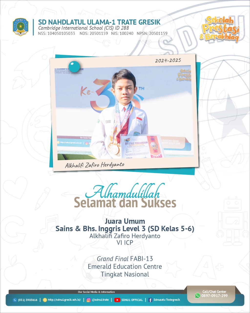 Alkhalifi Zafiro Herdyanto - Kelas 6 ICP Juara umum Sains Inggris Grand Final FABI-13 Emerald Education Center Tingkat Nasional