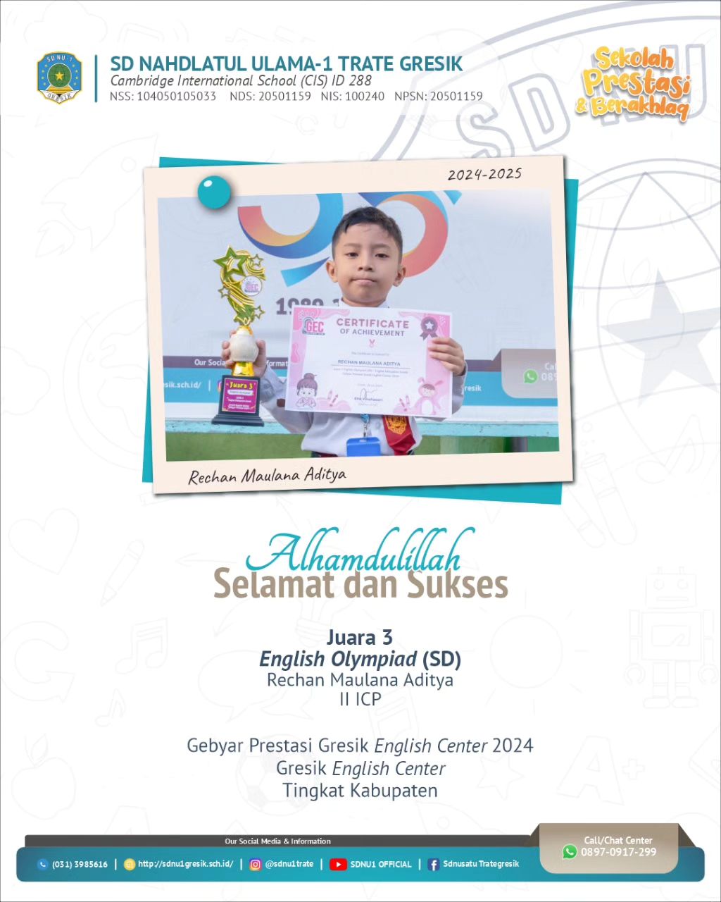 Rechan Maulana Aditya 2ICP Juara  English Olympiad SD pada Gebyar Prestasi Gresik 2024 Gresik English Center Tingkat Kabupaten