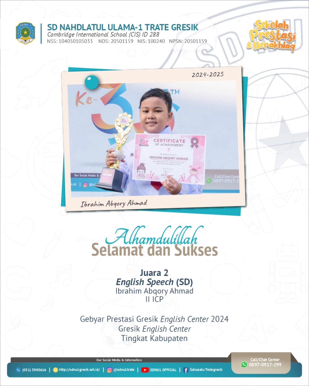 Ibrahim Abqary Ahmad 2 ICP Juara 2 English Speech SD pada Gebyar Prestasi Gresik 2024 Gresik English Center Tingkat Kabupaten