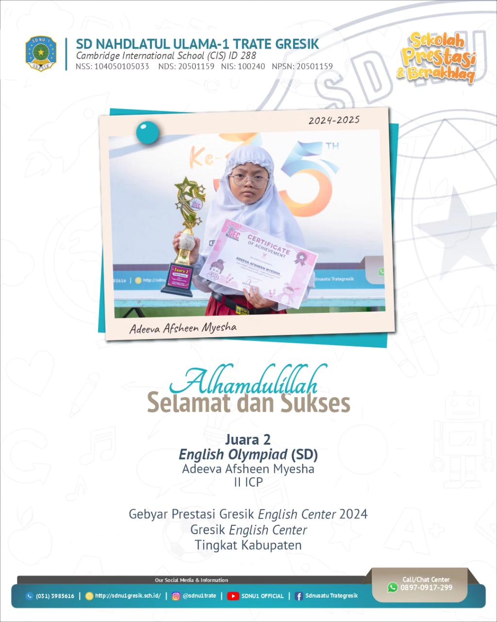 Adheeva Afsheen Myesha 2ICP Juara 2 English Olympiad SD pada Gebyar Prestasi Gresik 2024 Gresik English Center Tingkat Kabupaten