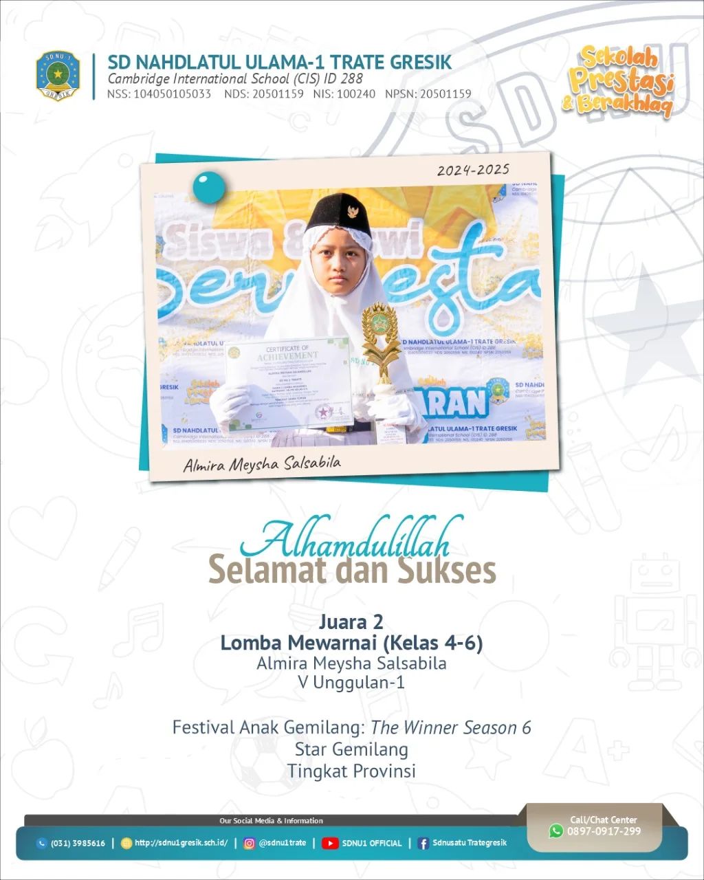 Almira Mrysha Salsabila 5 U1, Juara 1 Lomba mewarnai kelas 4-6 Festival anak gemilang season 6 Tingkat Provinsi