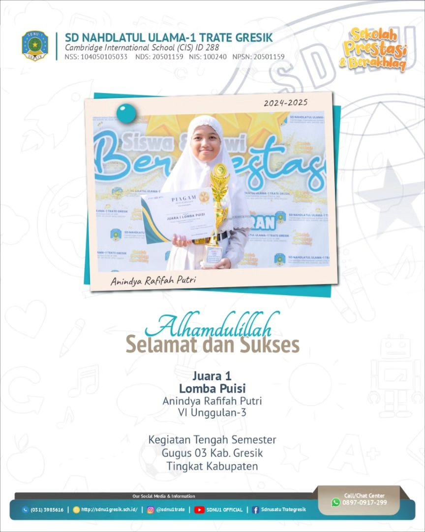 Kak Anindya Rafifah Putri Kelas 6 U-3, Juara 1 Lomba Puisi , Kegiatan Tengah Semester,  Gugus 03 Gresik, Tingkat Kabupaten