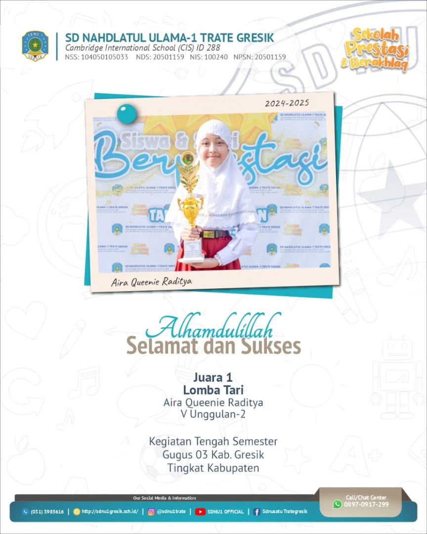 Kak Aira Queenie Raditya , Kelas 5 U-2 Juara 1 Lomba Tari Kegiatan Tengah Semester  Gugus 03 Gresik Tingkat Kabupaten