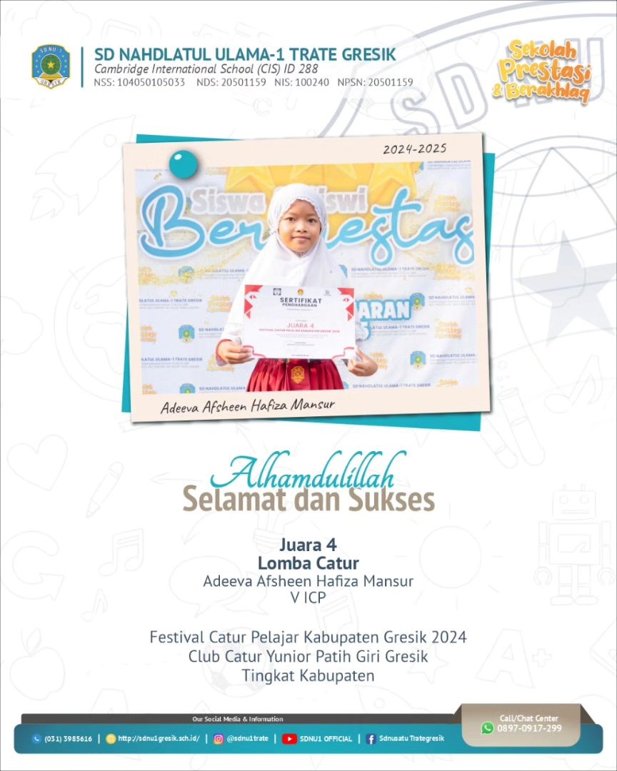 Kak Adeeva Afsheen Hafiza Mansur , Kelas V ICP, Juara 4 Lomba Catur, pada Festival Catur Pelajar Kabupaten Gresik 2024, Club Catur Yunior Patih Giri Gresik, Tingkat Kabupaten