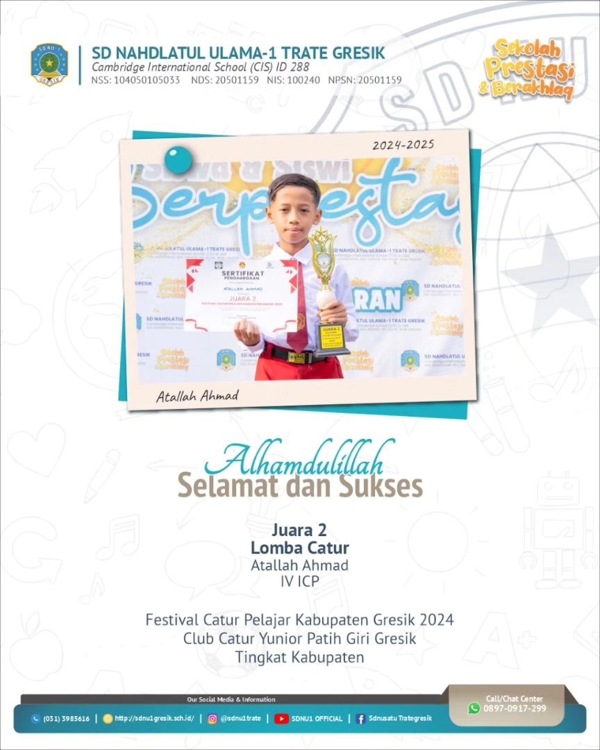 Kak Atallah Ahmad , Kelas IV U-3, Juara 2 Lomba Catur, pada Festival Catur Pelajar Kabupaten Gresik 2024 Club, Catur Yunior Patih Giri Gresik, Tingkat Kabupaten