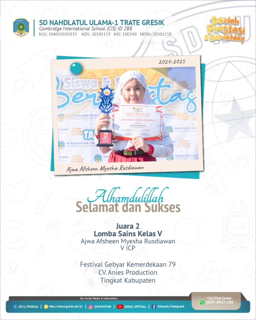 Kak Ajwa Afsheen Myesha Rusdiawan , Kelas 5 ICP, Juara 2 Lomba Sains kelas 5, pada Festival Gebyar Kemerdekaan 79, CV. Anies Production, Tingkat Kabupaten