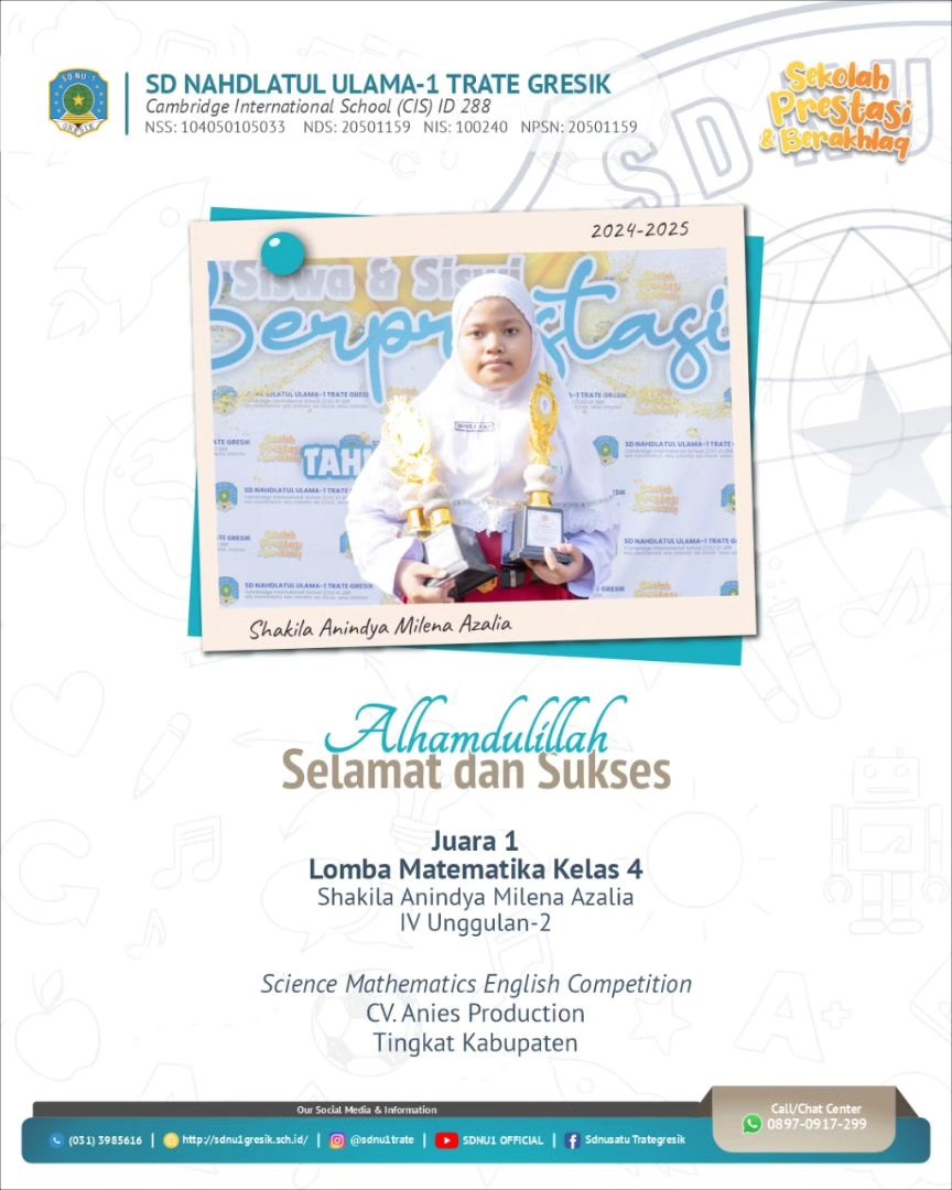 Kak Shakila Anindya Milena Azalia , Kelas 4 U-2, Juara 1 Lomba Matematika kelas 4, pada Science Mathematics English Competition, CV. Anies Production, Tingkat Kabupaten