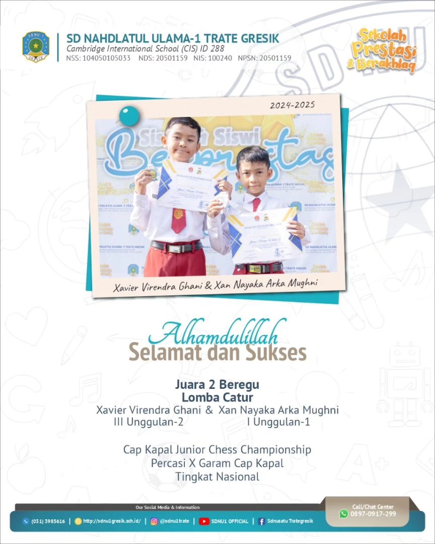 Kak Xavier Virendra Ghani , Kelas 3 U-2 dan Kak Xan Nayaka Arka Mughni 1 U-1, Juara 2 Beregu, pada Lomba Catur "Cap Kapal" Junior Chess Championship,  Percasi X Garam Cap Kapal, Tingkat Nasional