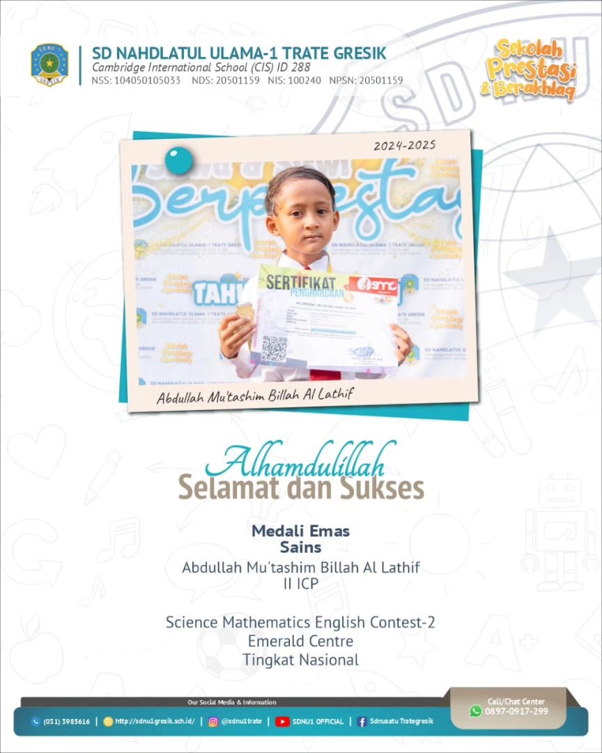 Kak Abdullah Mutasim Billah Al Latif, Kelas 2 ICP, Medali Emas Sains, pada Science Mathematics English Contest-2 Emerald Centre, Tingkat Nasional