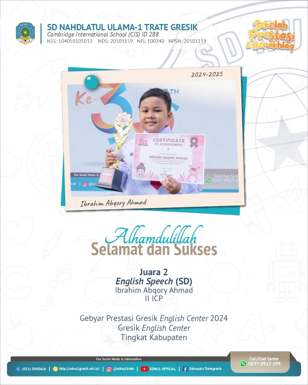 sdnu1trate_kak-ibrahimAbroryAhmad-juara2-EnglishSpeechSD-GebyarPrestasiGresikEnglishCenter-2024-tingkat-kabupaten-Gresik